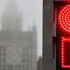 A red traffic light in Moscow, Russia.